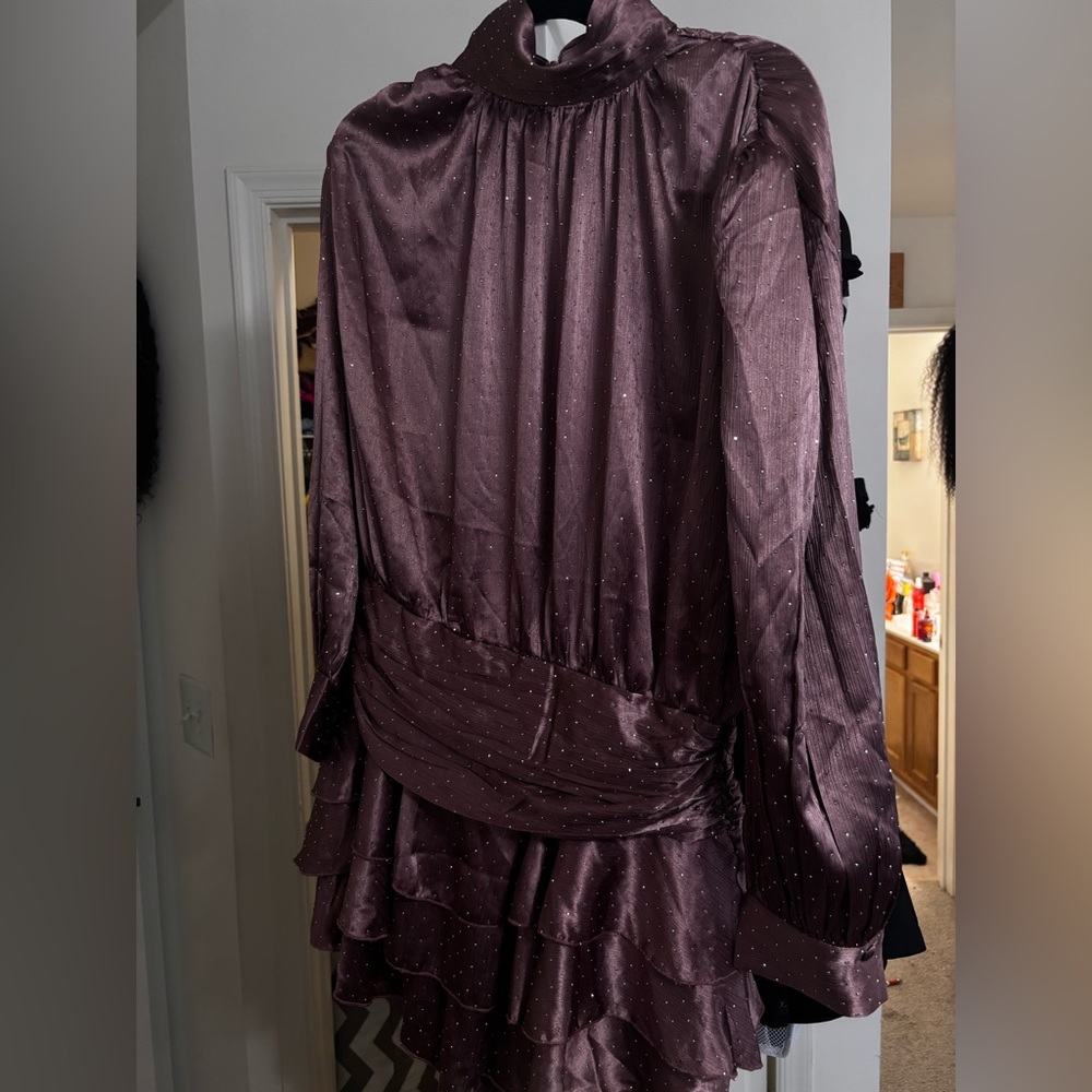 Women's Plum Long-Sleeve Ruffled Satin romper
